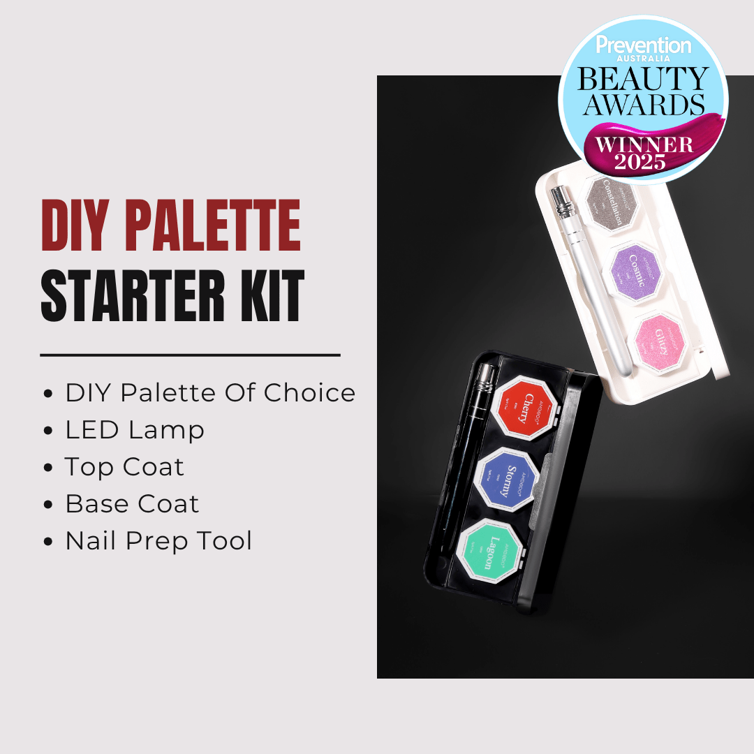 The Ambedo gel nail kit, containing a base coat, topcoat, 3 coloured solid gel nail polish, and a UV lamp, nail file