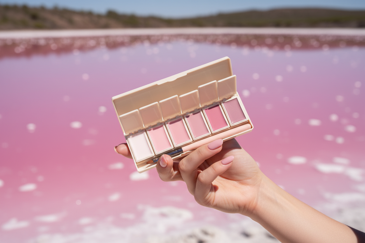 Hyperrealistic beauty photography of fair-skinned hand holding accurate Rosè 6-pan palette at Kalbarri Pink Lake
