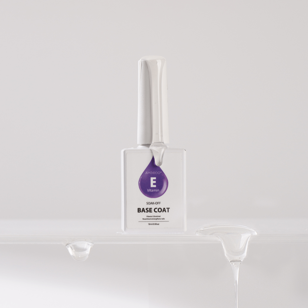 A bottle of VE Base Coat, a clear nail treatment that protects nails and creates a smooth base for polish.