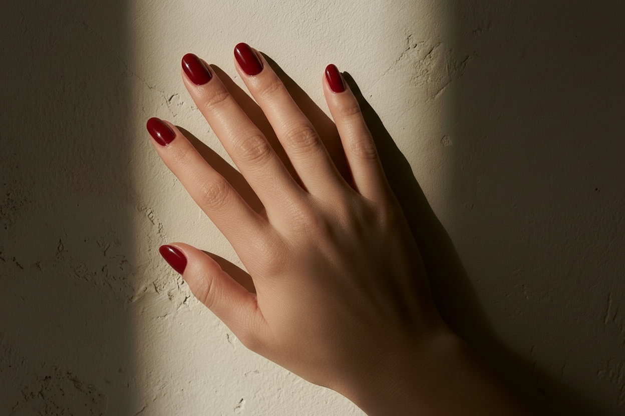Hand positioned on left side with burgundy manicure